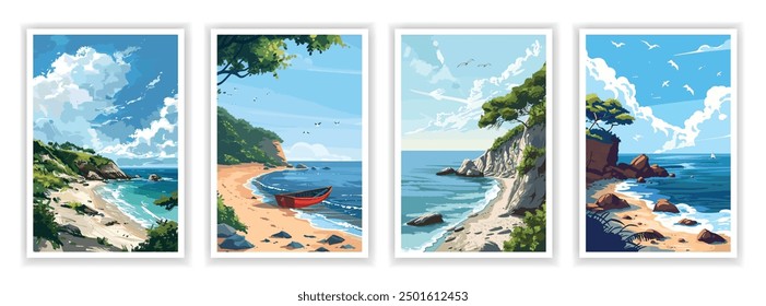 Vector illustration of a stunning coastline with rugged cliffs, sandy beaches, and crashing waves. Design elements for posters, book covers, brochures, and flyers.