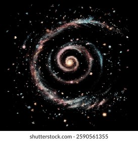 Vector illustration of a stunning galaxy with colorful nebulae and stars against a black backdrop. The cosmic design captures the expansive and vibrant beauty of the universe in a digital style.