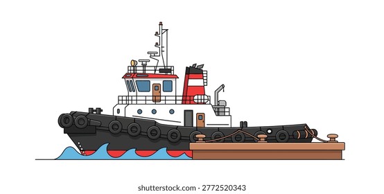 Vector illustration of a sturdy tugboat pushing a barge, showcasing maritime industry and transportation