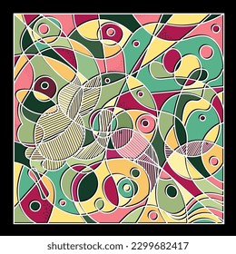 vector illustration in the style of abstractism with outlines of a cat and fish. stained glass bright composition