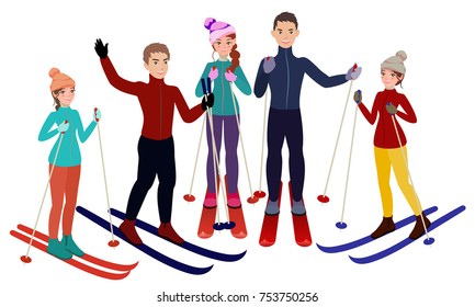Vector illustration in style cartoon. Group of skiers on a white background
