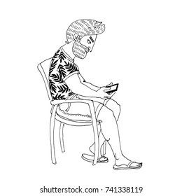 Vector illustration of style cartoon man on chair with tablet in his hands. Illustration for color book.