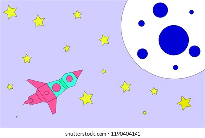 vector illustration in the style of children's drawing color rocket flies in space to the planet with craters.