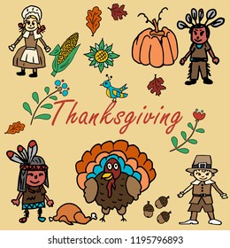 vector illustration in the style of childrens thanksgiving drawing, Doodle for design and decoration children and holiday symbols