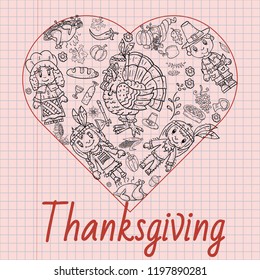 vector illustration in the style of childrens thanksgiving drawing, Doodle for design and decoration children and holiday symbols national event