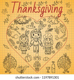 vector illustration in the style of childrens thanksgiving drawing, Doodle for design and decoration children and holiday symbols national event