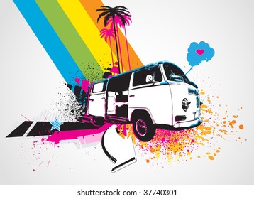 Vector illustration of style Decorative urban background with funny retro bus