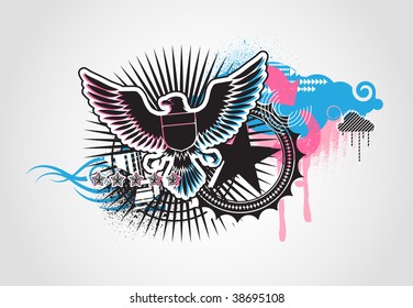Vector illustration of style Decorative urban background with coat-of-arms  Medieval Eagle