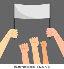 Vector illustration style depicting flat demonstration. Pictured transporant and raised hands clenched into fists