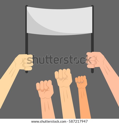 Vector illustration style depicting flat demonstration. Pictured transporant and raised hands clenched into fists