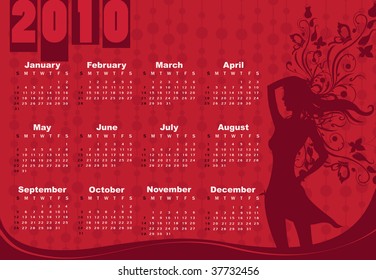 Vector Illustration of style design Calendar for 2010 With sexy girl