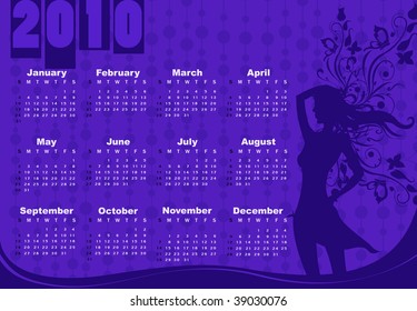 Vector Illustration of style design Calendar for 2010 With sexy girl