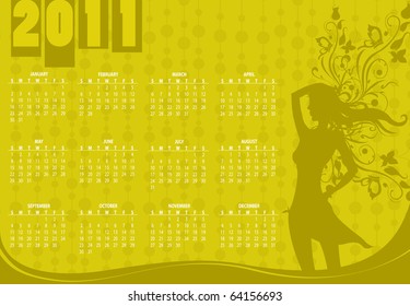 Vector Illustration of style design Calendar for 2011 With sexy girl