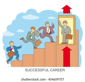 Vector illustration of style design flat line on a successful career businessman climbing the corporate ladder