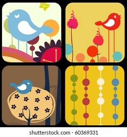 Vector Illustration of style design greeting cards with retro-style birds and trees