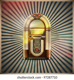 Vector illustration of style detailed classic juke box on retro grunge background