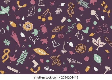 Vector illustration in the style of a doodle on a purple background. Autumn objects pattern. Rubber boots, scarf, umbrella, leaves, acorns, flowers. EPS 10. 