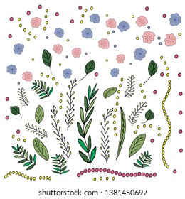 Vector illustration in the style of doodling. Hand drawing. Abstract pink, yellow, blue flowers. Cute design for decoration. Isolated on white background