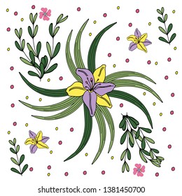 Vector illustration in the style of doodling. Hand drawing. Abstract pink, yellow, blue flowers. Cute design for decoration. Isolated on white background
