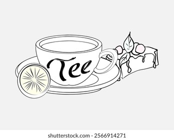 Vector illustration in the style of drawing then hands. A cup of tea with cake and lemon. Menu design for cafes, postcards, invitations.