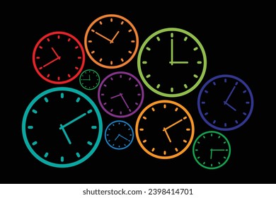 Estilo de ilustración vectorial es Símbolos de reloj icónico multicolor plano y brillante en un fondo negro