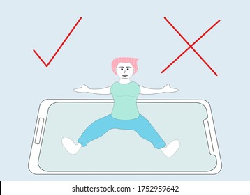 Vector illustration  style flat cartoon. People live life on 
a smartphone right or wrong?, A person sitting on a smartphone.