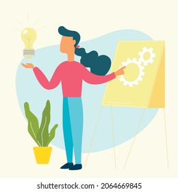 Vector illustration in the style of flat design with a business concept. Young girl with linear business icons.