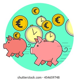 Vector illustration of style flat linear design: fast money, running a pig piggy bank with coins and time.