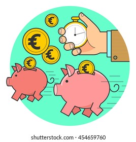 Vector illustration of style flat linear design: fast money, running a pig piggy bank with coins and time.