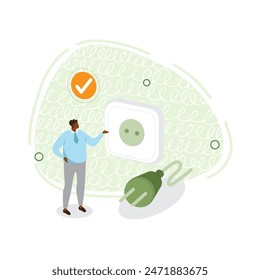 Ilustración vectorial en el estilo de piso con una persona que indica un enchufe y ahorro de energía.