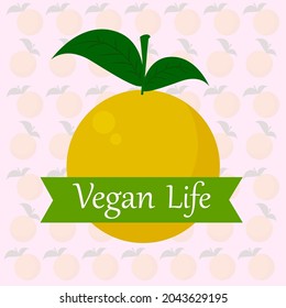 Ilustración vectorial al estilo de realismo plano. Un fondo rosa con un patrón de naranjas en el fondo y una naranja jugosa madura en el primer plano como símbolo de la vida vegana.