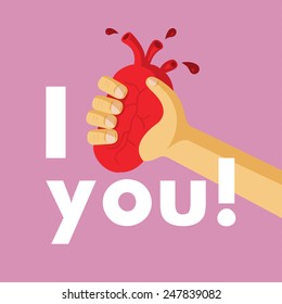 Vector illustration style flat. Unusual creative valentine card. Original declaration of love. Heart is in an arm.