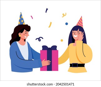 Vector illustration in the style of flats. A young woman gives a box of gifts to her friend. The girlfriend is happy with the gift.