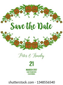 Vector illustration style frame flower and leaves with wedding template card hand drawn