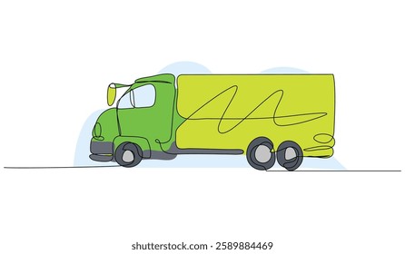 Vector illustration of style green delivery truck. Modern flat in continuous line style.