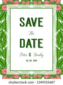 Vector illustration style green leafy flower frame for wedding date card hand drawn