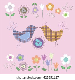 vector illustration in the style of hand-applique on the fabric, birds kissing spring