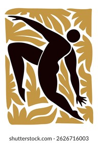 Vector illustration in the style of Henri Matisse, featuring a hand drawn abstract human silhouette surrounded by expressive leaf shapes in a bold cut out design.