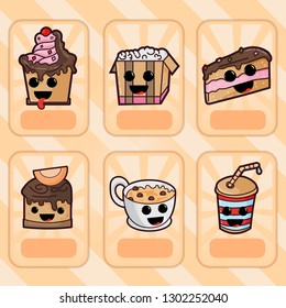 vector illustration in the style Kawaii cute nice, adorable pictures, icons stickers, sweet food pastry and beverages for the design