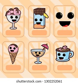 vector illustration in the style Kawaii cute nice, adorable pictures, icons stickers, sweet food pastry and beverages for the design