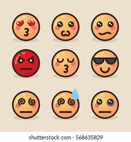 vector illustration style kawaii emoticons with various emotions on a light background.