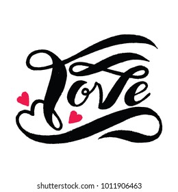 Vector illustration in style of Lettering. Text Love, decorated with hearts and decors. For creating greeting cards, posters, banners, wedding decorations and anniversaries. To Valentine's Day