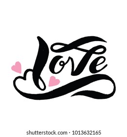 Vector illustration in the style of Lettering. Text Love, decorated with hearts. Suitable for creating greeting cards, posters, banners, wedding decorations and anniversaries. To Valentine's Day