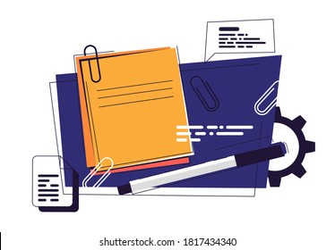 Ilustración vectorial en el estilo de minimalismo lineal de hojas de escritura conectadas por un clip de papel con una pluma