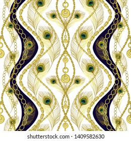 Vector illustration in the style of luxury 90s. Seamless background with gold chains and yellow feathers on white background. Suitable for women's clothing and accessories design
