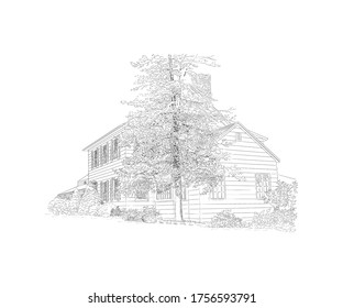 Vector illustration with style mansion, big tree in front of it, country estate. Historic building, location for your elegant countryside wedding. Black and white sketch, wedding venue, architecture.