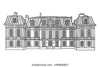 Vector illustration with style mansion, country estate. Historic Building with Mansard-style roof with an elegant brick and stone facade.