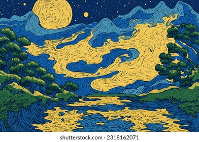 Vector illustration in the style of paintings by Vincent van Gogh.Sunset on the river