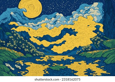 Vektorgrafik im Stil von Gemälden von Vincent van Gogh.Sunset am Fluss