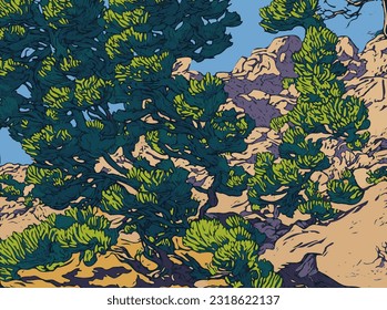 Vector illustration in the style of paintings by Vincent van Gogh. A seaside landscape with juniper and mountains